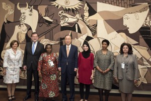 Photo Opportunity on the Occasion of the 15th Anniversary of Security Council Resolution 1325 (Cristina Gallach, USG for DPI; Mariano Rajoy Brey, President of Spain: Julienne Lusenge, NGO Working Group on Women, Peace and Security; Secretary-General Ban Ki-Moon; Alaa Murabit, NGO Voice of Libyan Women; Phumzile Mlambo-Ngcukva, UN Women Executive Director; Yanar Mohammed, NGO Working Group on Women, Peace and Security)